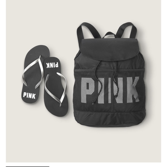 PINK Victoria's Secret Handbags - PINK DRAWSTRING BACKPACK & FLIP FLOPS